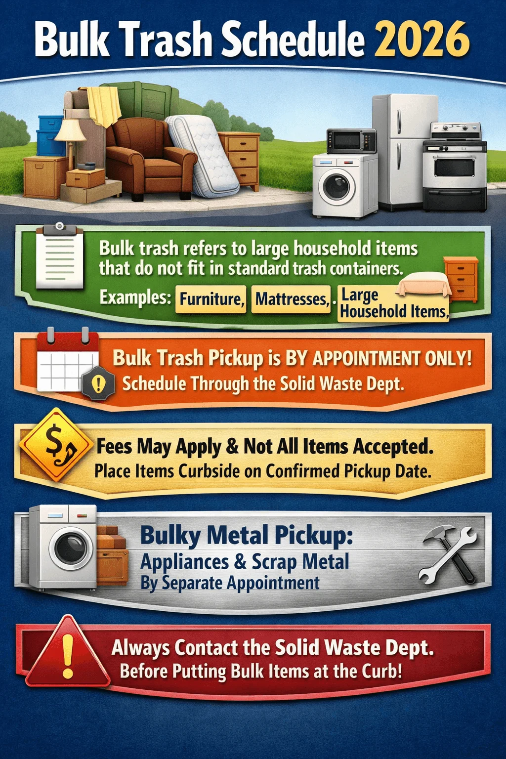 Bulk trash schedule 2026 poster explaining appointment only pickup for large household items including furniture mattresses appliances and scrap metal