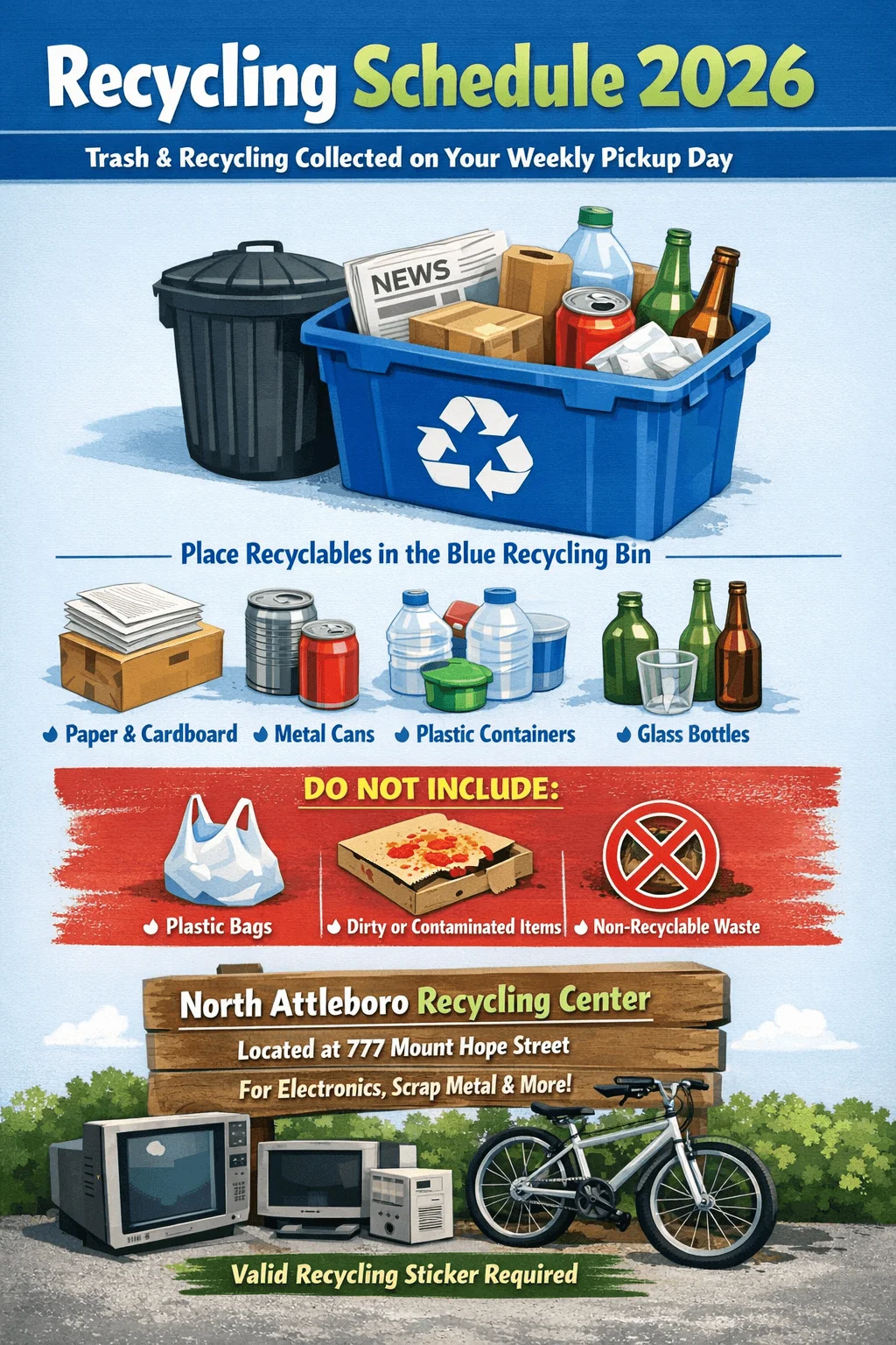 Recycling schedule 2026 poster for North Attleboro showing weekly recycling, blue bin use, accepted materials, prohibited items, and recycling center information