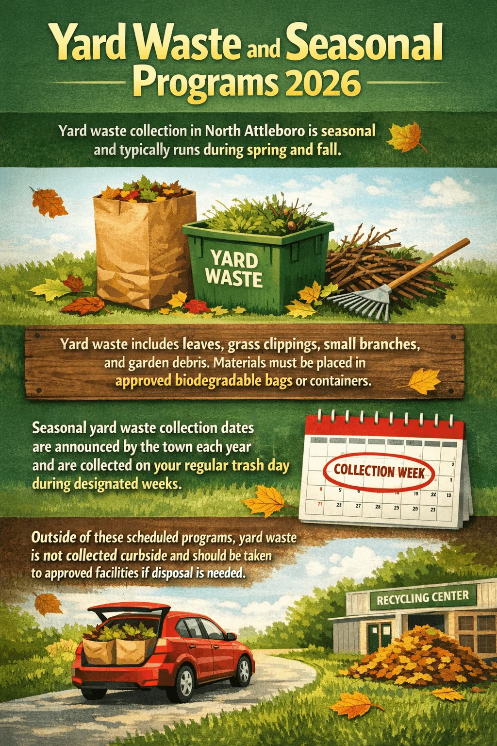 Yard waste and seasonal programs 2026 poster showing seasonal yard waste collection in North Attleboro with leaves grass clippings branches biodegradable bags and recycling center drop off