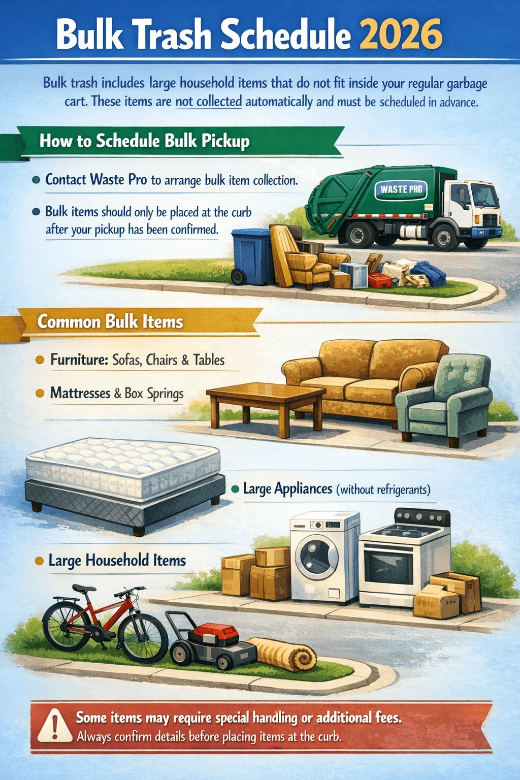Infographic showing Oviedo bulk trash schedule 2026 with instructions to schedule pickup through Waste Pro common bulk items such as furniture mattresses box springs large appliances without refrigerants large household items and a note that some items may require special handling or additional fees