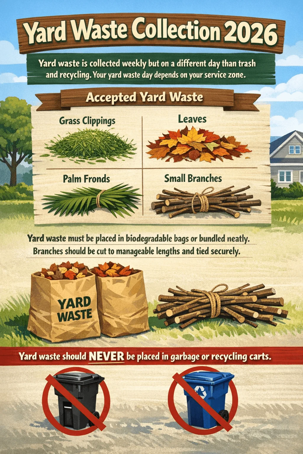 Infographic showing Oviedo yard waste collection 2026 with weekly pickup on a different day than trash and recycling accepted items including grass clippings leaves palm fronds and small branches instructions to place yard waste in biodegradable bags or bundled neatly cut and tied securely and warning not to place yard waste in garbage or recycling carts