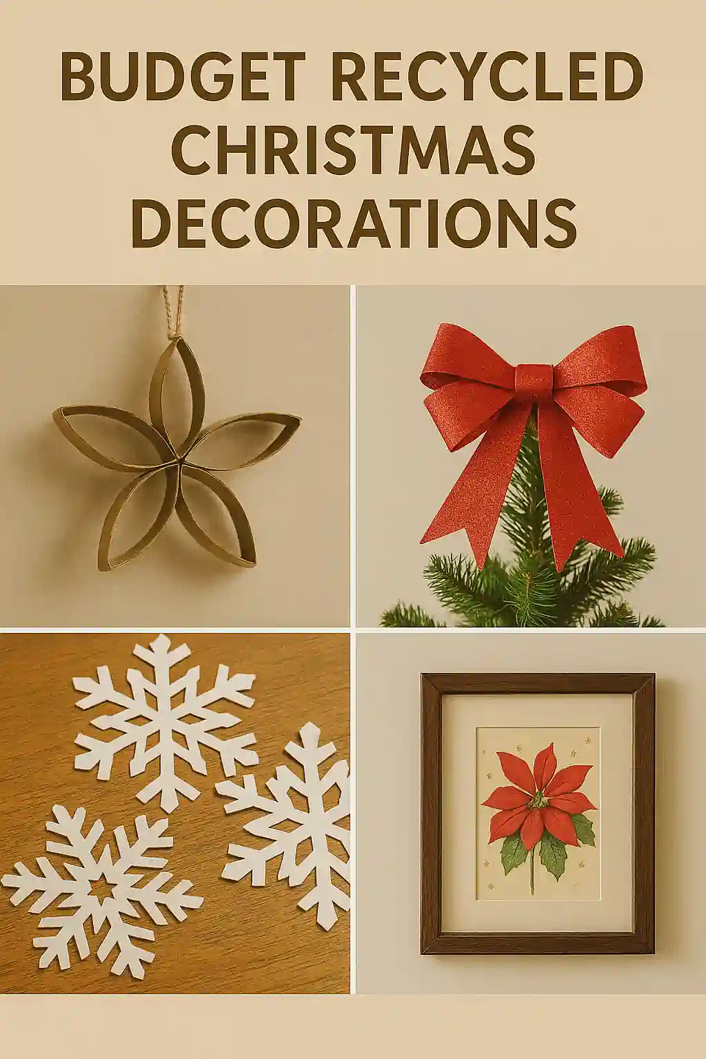 Budget recycled Christmas decoration ideas including cardboard stars snowflakes made from cereal boxes DIY tree toppers and framed greeting card wall art