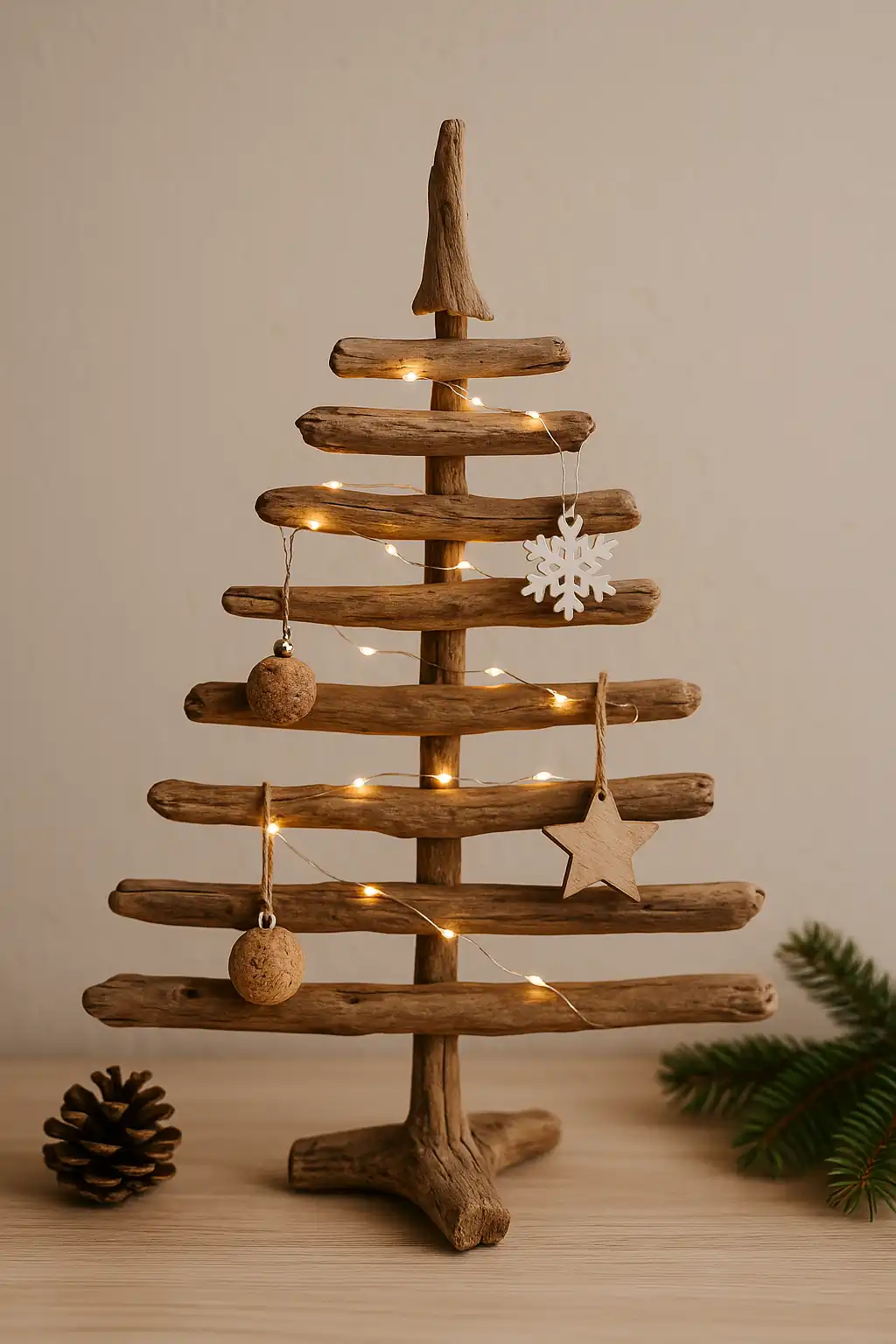 Rustic driftwood Christmas tree decor made from stacked natural branches decorated with small ornaments and fairy lights for cozy minimalist homes
