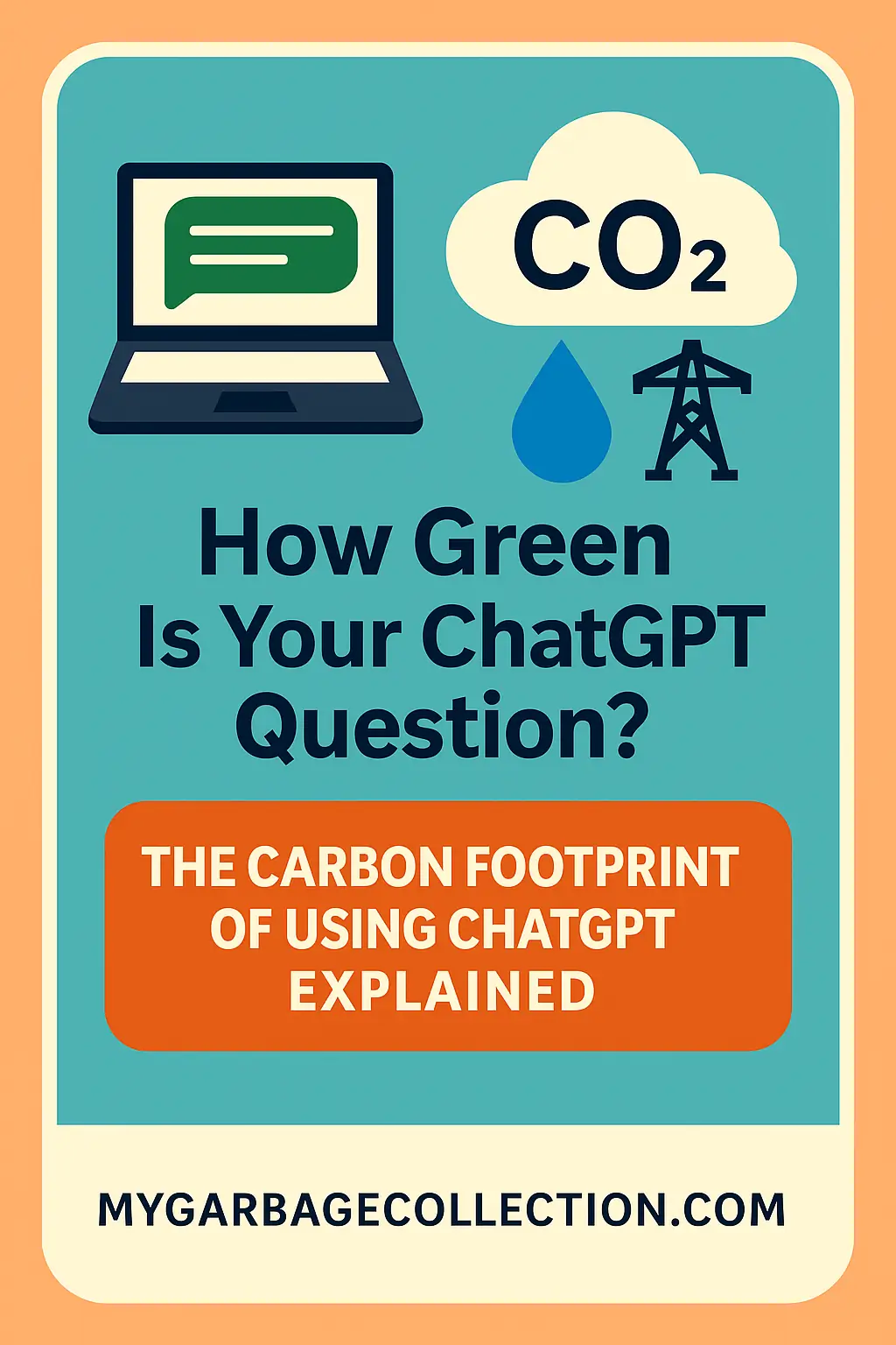 Infographic titled 'How Green Is Your ChatGPT Question?' featuring a laptop with a chat bubble, CO₂ cloud, water droplet, and electricity tower icons. Subtitle reads 'The Carbon Footprint of Using ChatGPT Explained'. Website link mygarbagecollection.com is displayed at the bottom.