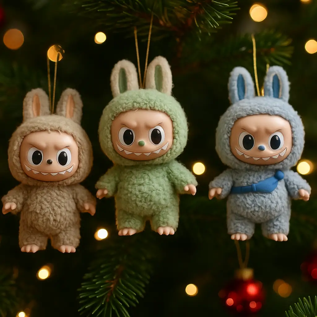 Labubu characters hanging as whimsical Christmas ornaments on a decorated tree for a fun upcycled holiday decoration idea