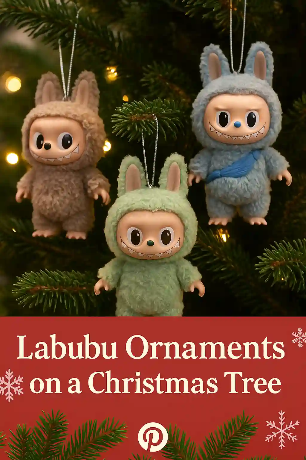 Three Labubu plush figures used as creative Christmas tree ornaments bringing a quirky and playful touch to holiday decor