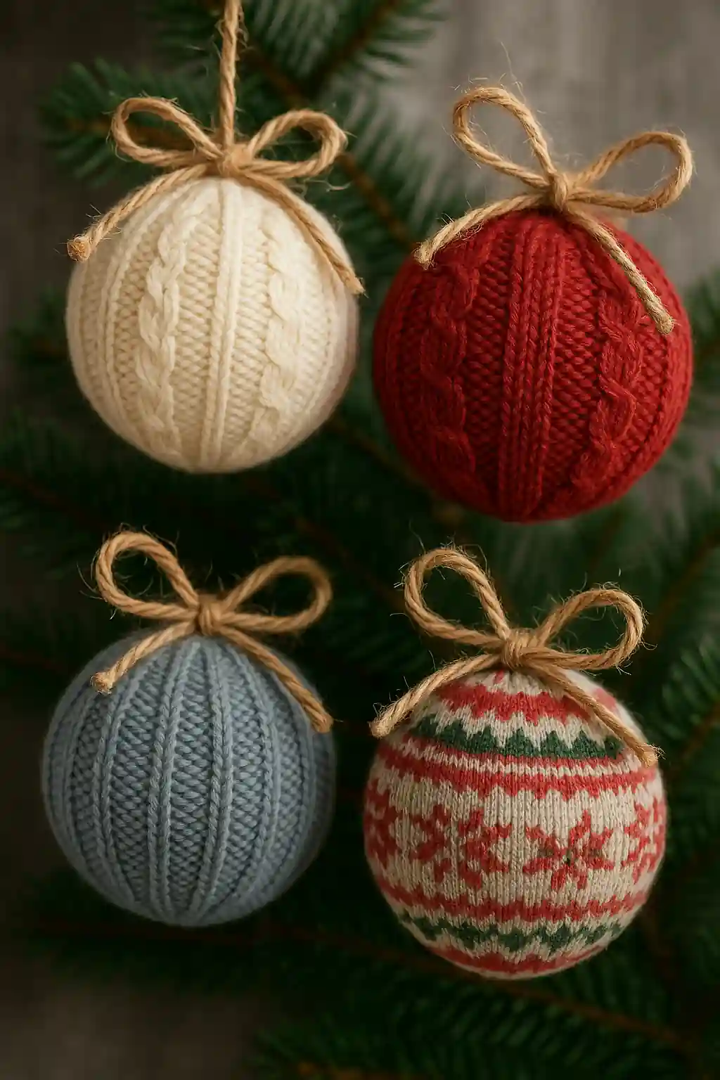 DIY Christmas baubles wrapped in colorful old sweater fabric and tied with twine to create a warm and cozy holiday vibe