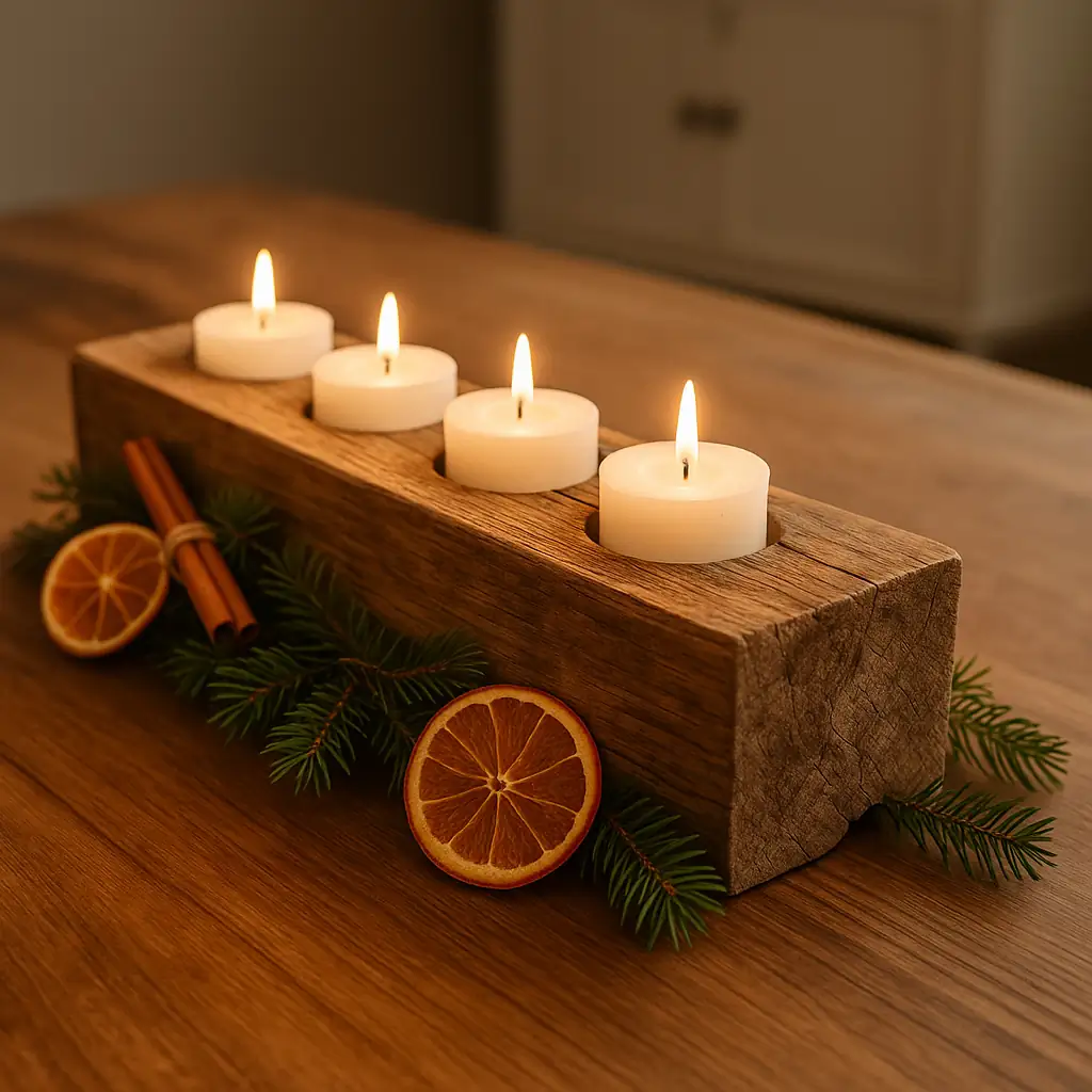 Rustic reclaimed wood centerpiece with tea light candles dried oranges cinnamon sticks and pine branches for a natural Christmas table setting
