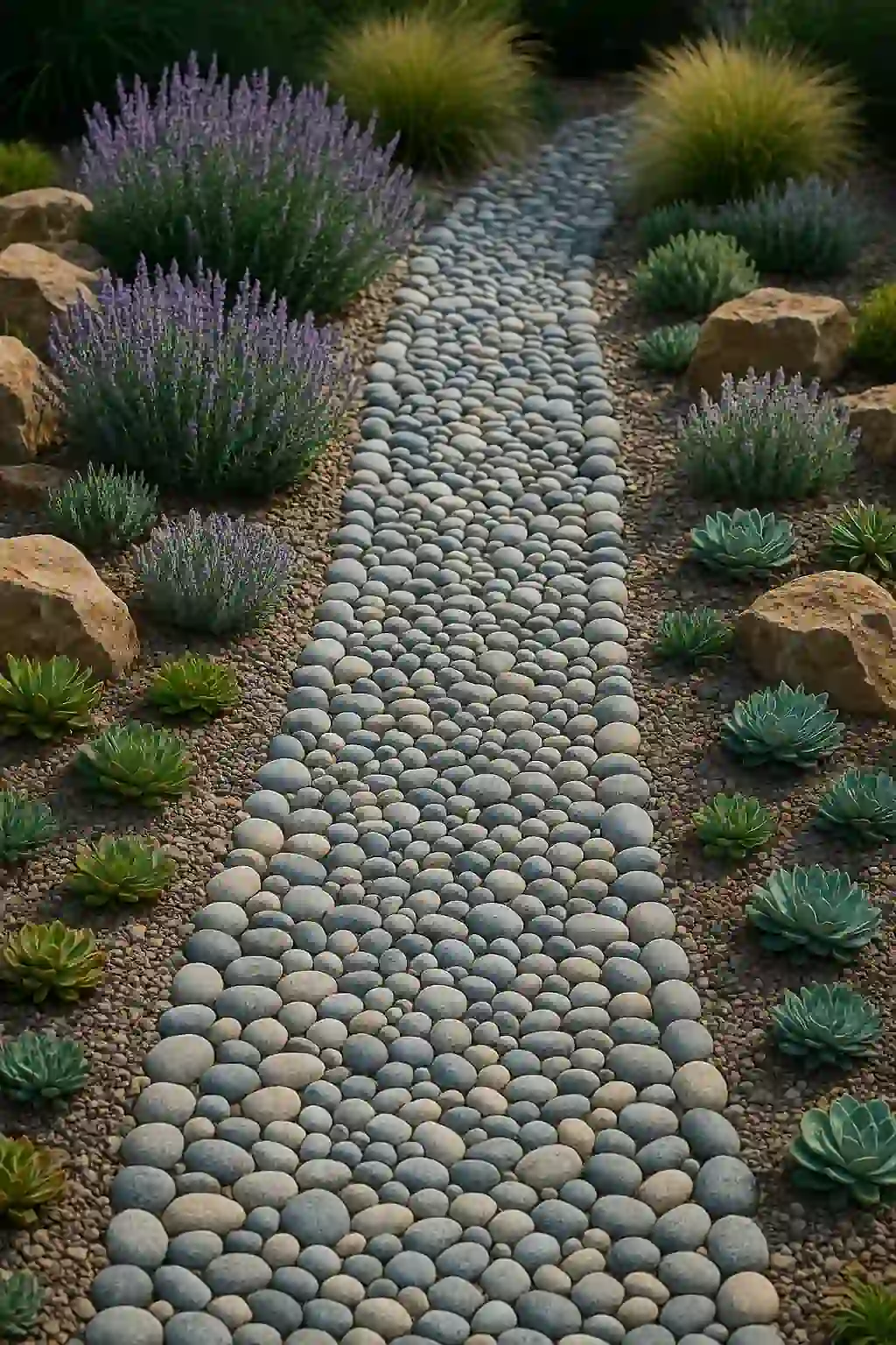 River Rock Pathway with Plant Borders