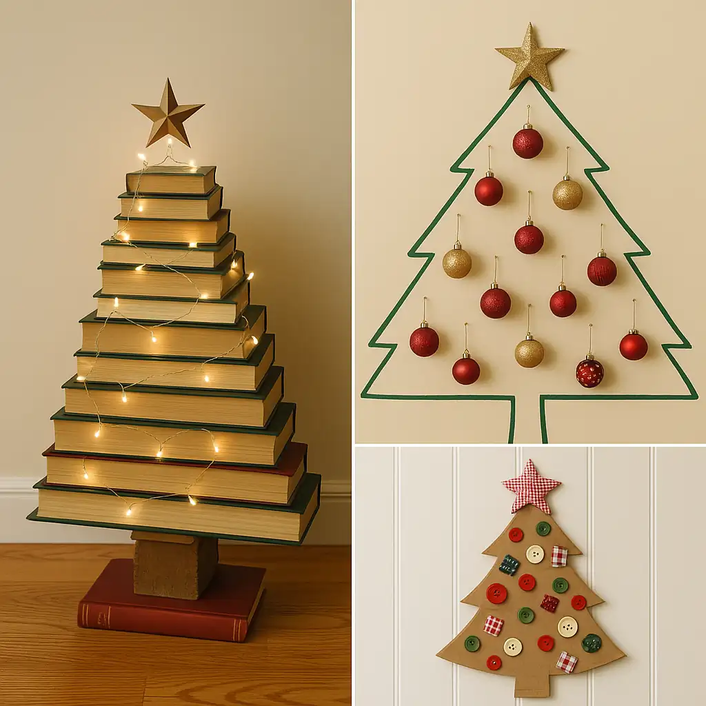 Three upcycled Christmas tree alternatives including stacked books with fairy lights wall hanging tree and cardboard tree with fabric decorations