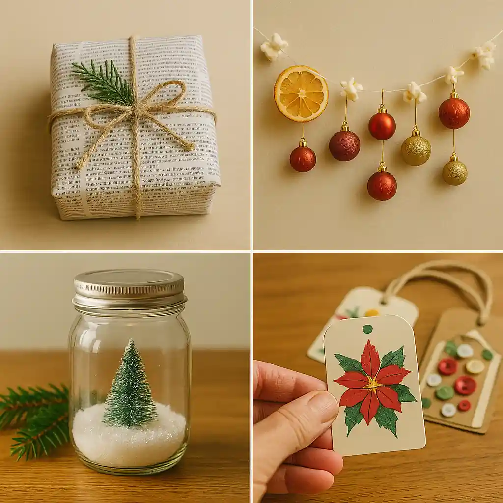 Zero waste Christmas decoration ideas showing fabric gift wraps popcorn garlands reused jars as snow globes and handmade gift tags from old cards