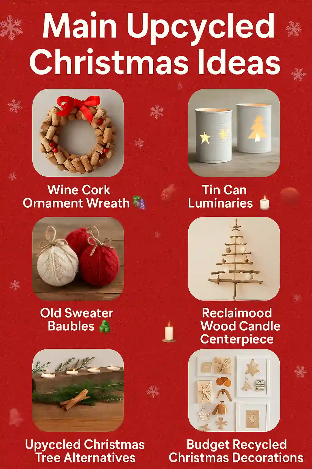 Infographic showing upcycled Christmas decoration ideas including wine cork wreath tin can luminaries Labubu ornaments and sweater baubles on a festive background
