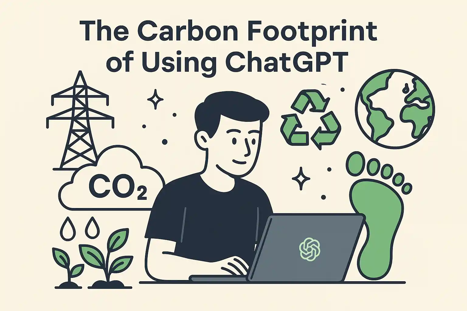 Illustration of a person using a laptop with the ChatGPT logo, surrounded by eco-friendly icons including a CO₂ cloud, electricity tower, water drops with plants, recycling symbol, globe, and a green footprint, representing the carbon footprint of using ChatGPT.