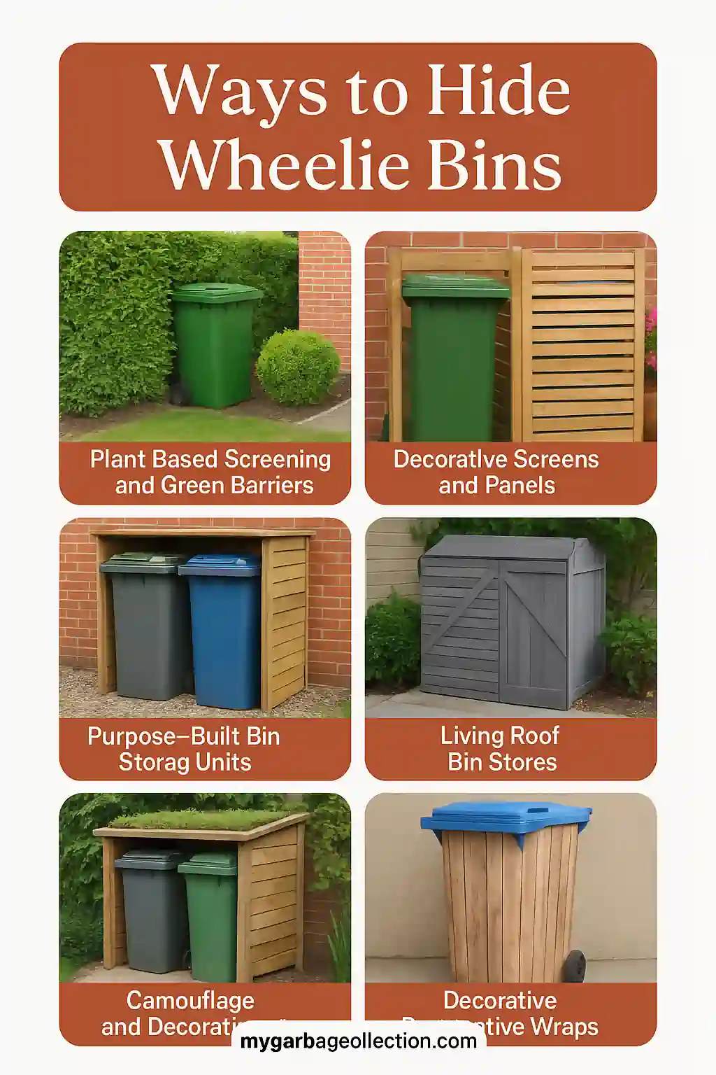 Infographic showing six ways to hide wheelie bins including plant based screening with hedges, decorative wooden screens, purpose built bin storage units, living roof bin stores with greenery, camouflage bin sheds, and decorative wraps with wood effect design. Source: mygarbagecollection.com