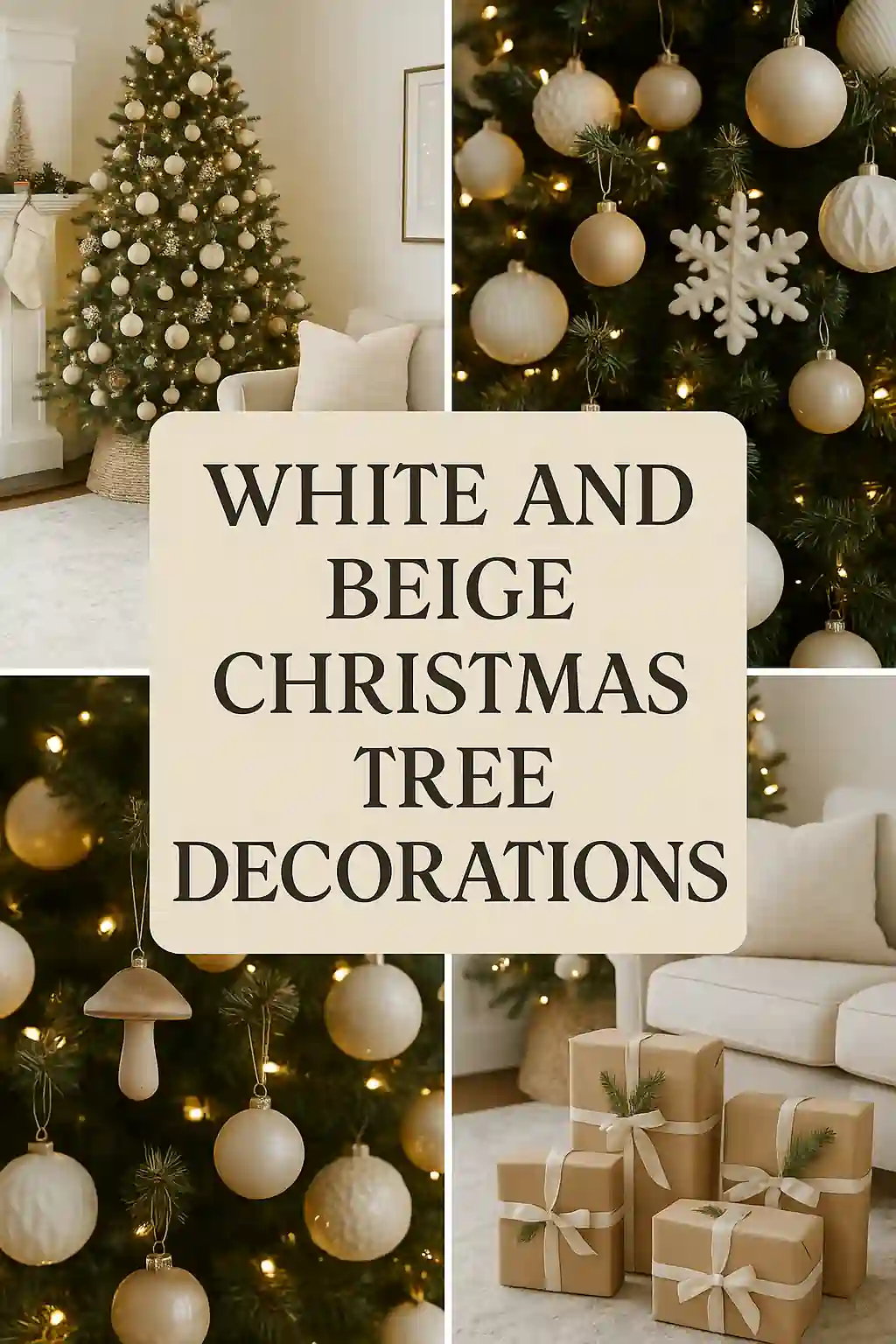 white and beige christmas tree decorations