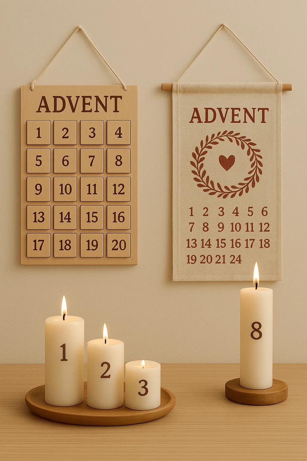 Minimalist Scandinavian Advent decorations with numbered candles and natural wood and fabric Advent calendars