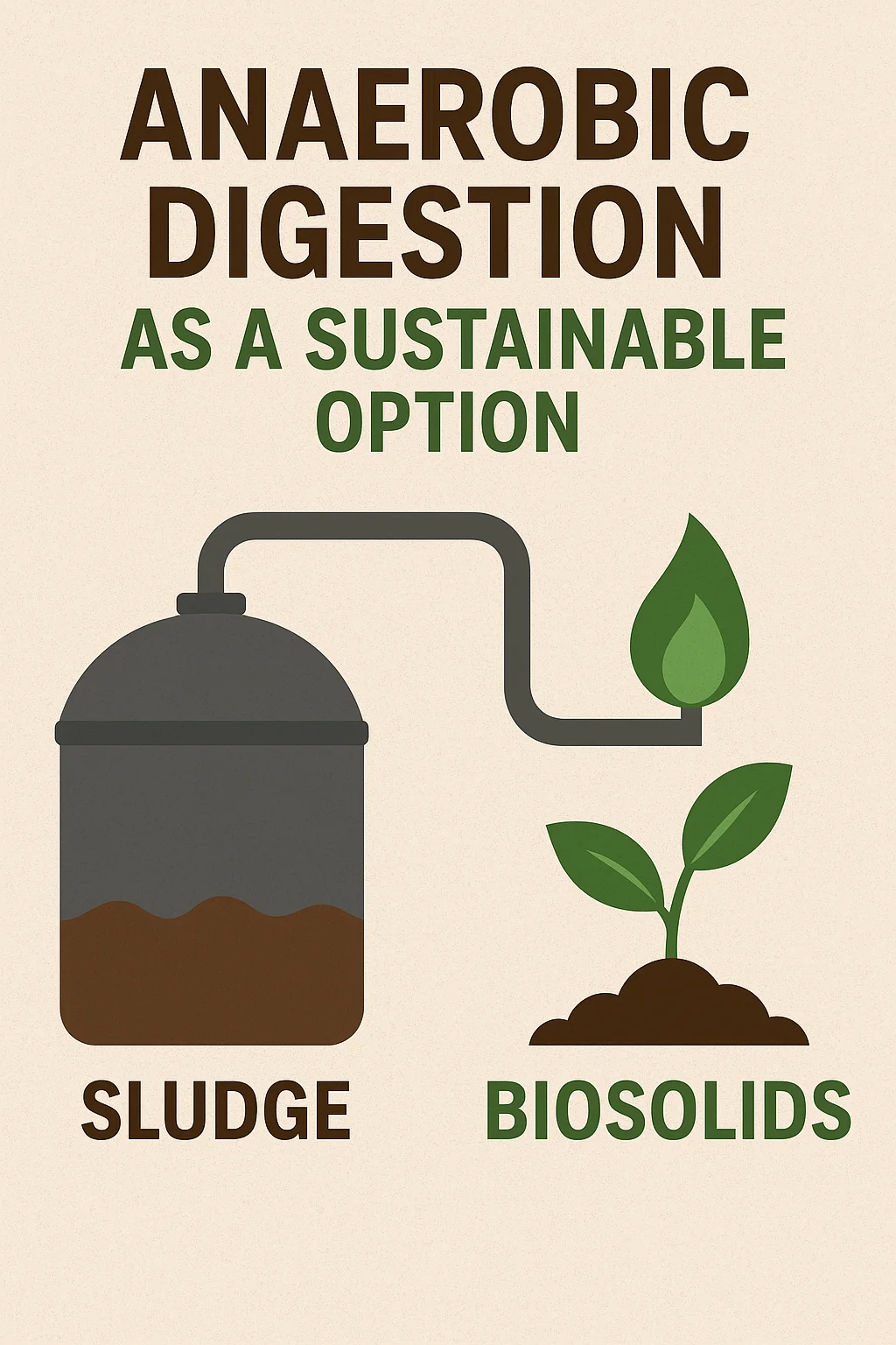 Illustration of anaerobic digestion as a sustainable option, showing sludge processed into biosolids used to support plant growth.