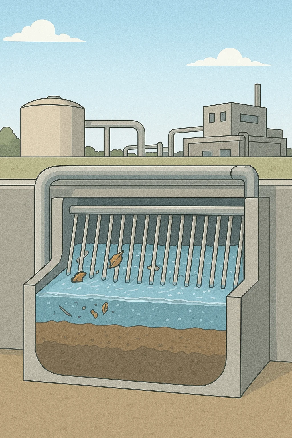 Illustration of wastewater arriving at a treatment plant, with a filtration system removing large debris and solids from the water.