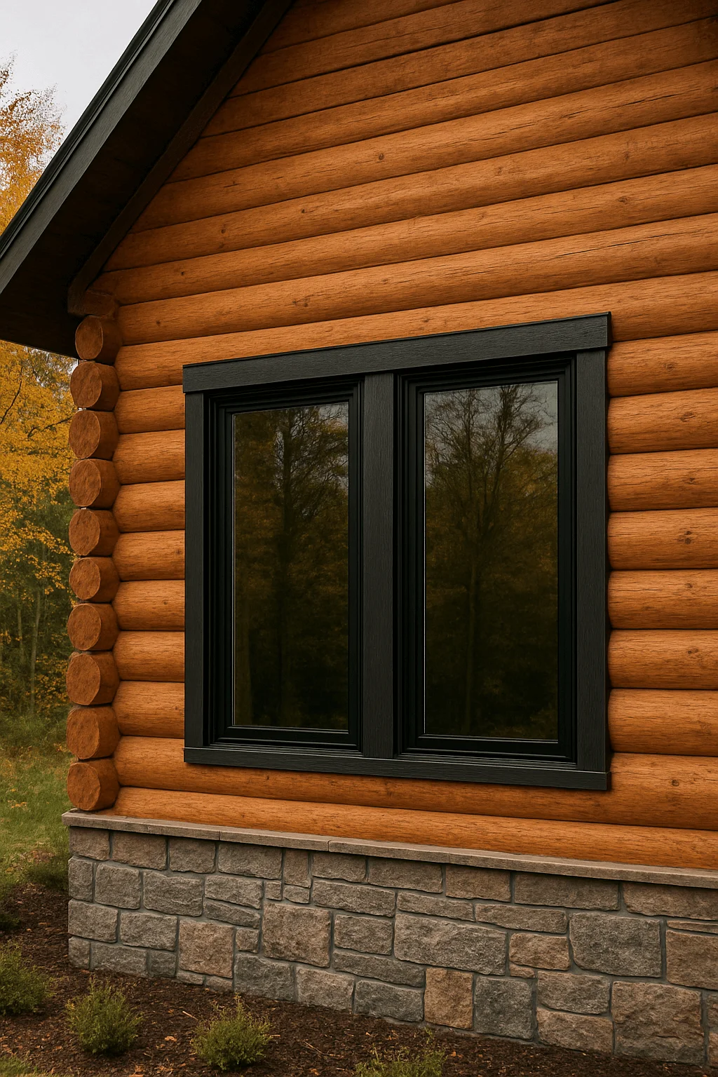 Log cabin wall with black-framed double window and stone foundation showcasing modern rustic style