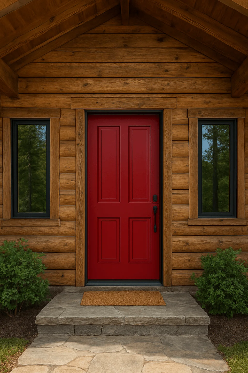 Log cabin entryway with bold red front door and rustic wood siding for inviting curb appeal