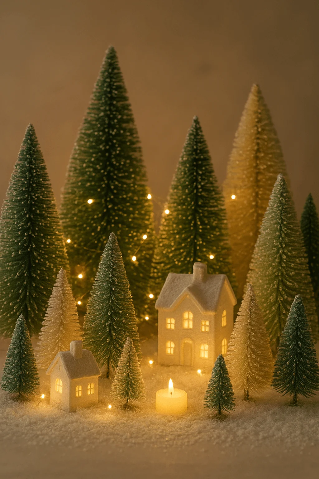 Cozy Christmas village scene with glowing ceramic houses, bottle brush trees, twinkle lights, and a candle in snowy decor.