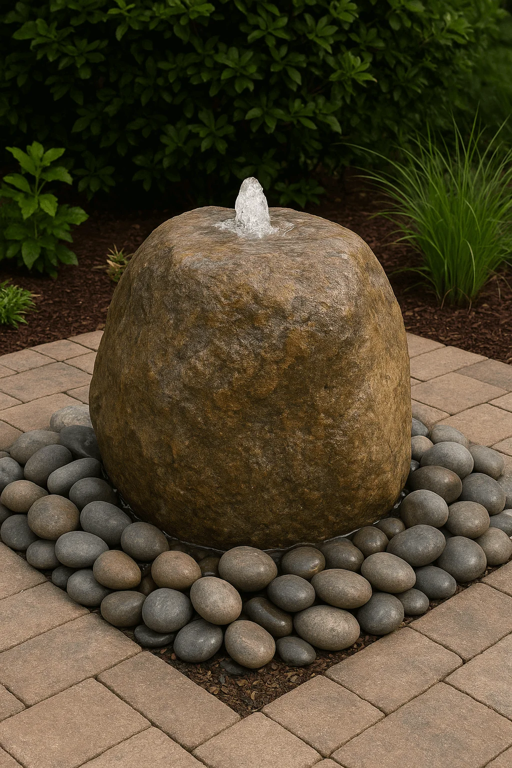Bubbler rock fountain with water flowing from the top, surrounded by smooth river stones in a landscaped patio
