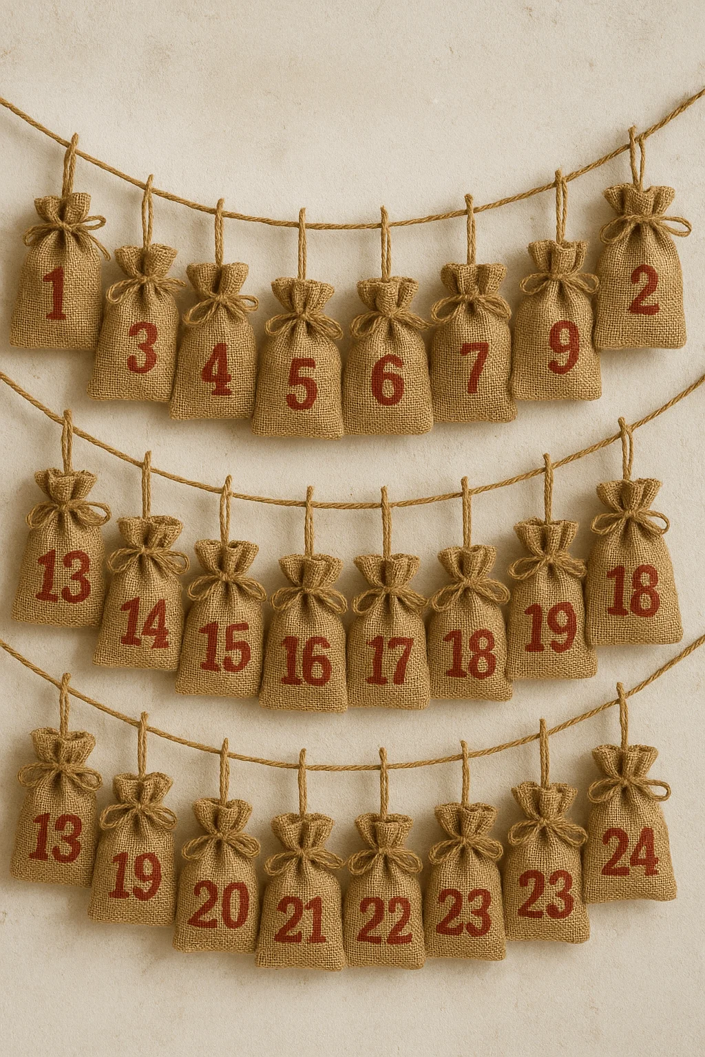 "Rustic burlap advent calendar with numbered drawstring pouches hanging on twine, perfect for filling with small holiday treats or gifts