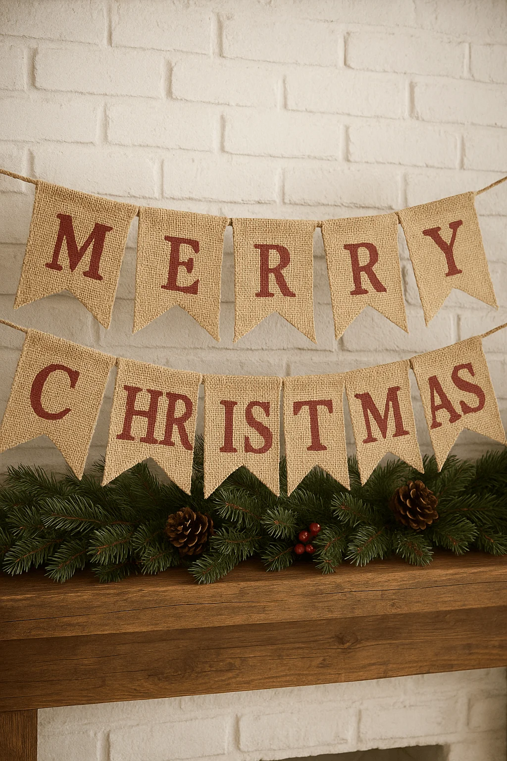 Rustic burlap Christmas bunting with red Merry Christmas lettering hanging on fireplace mantel with pine and pinecones