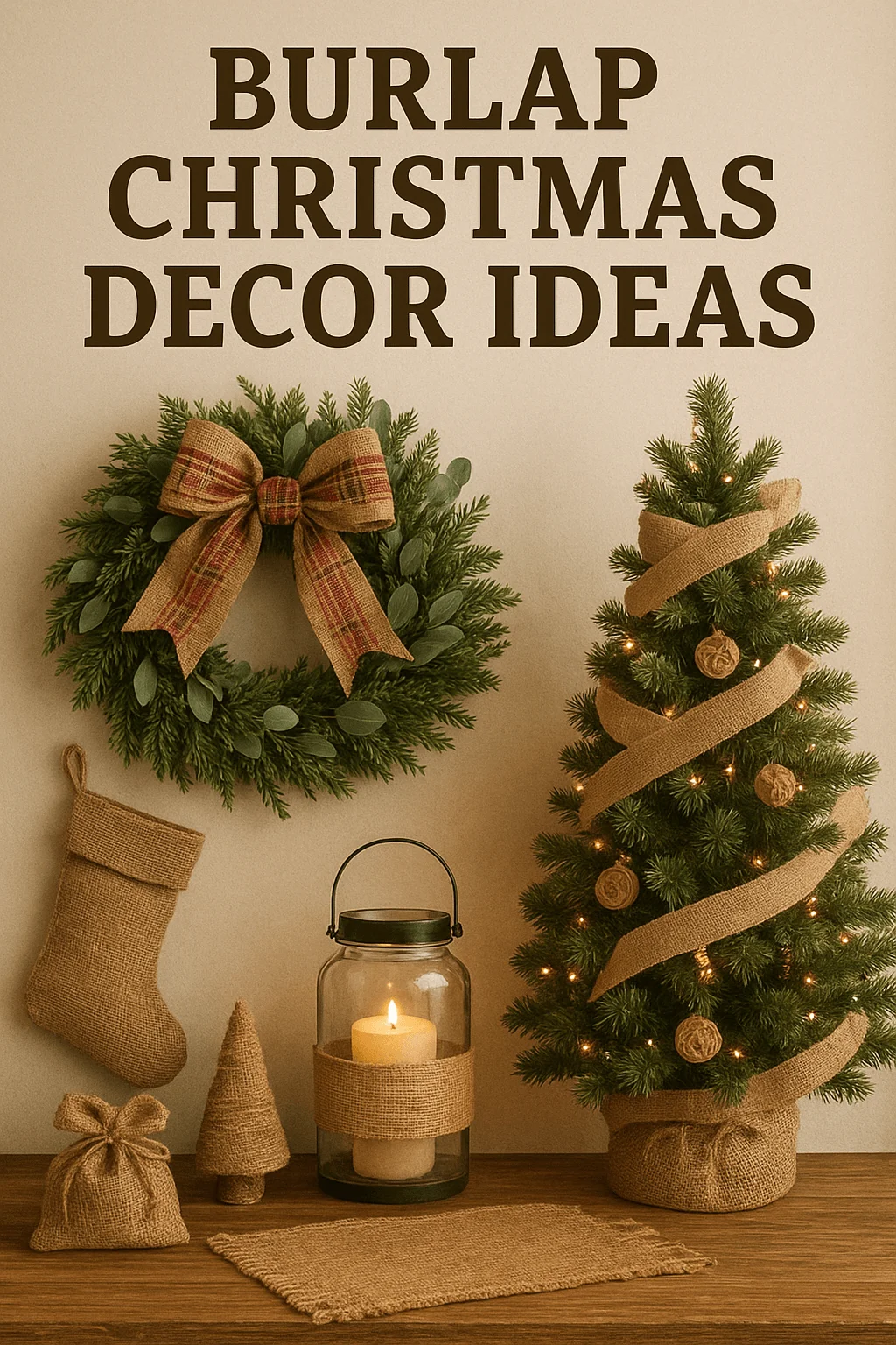 Rustic burlap Christmas decorations with wreath, stocking, candle lantern, mini tree, and burlap-wrapped Christmas tree