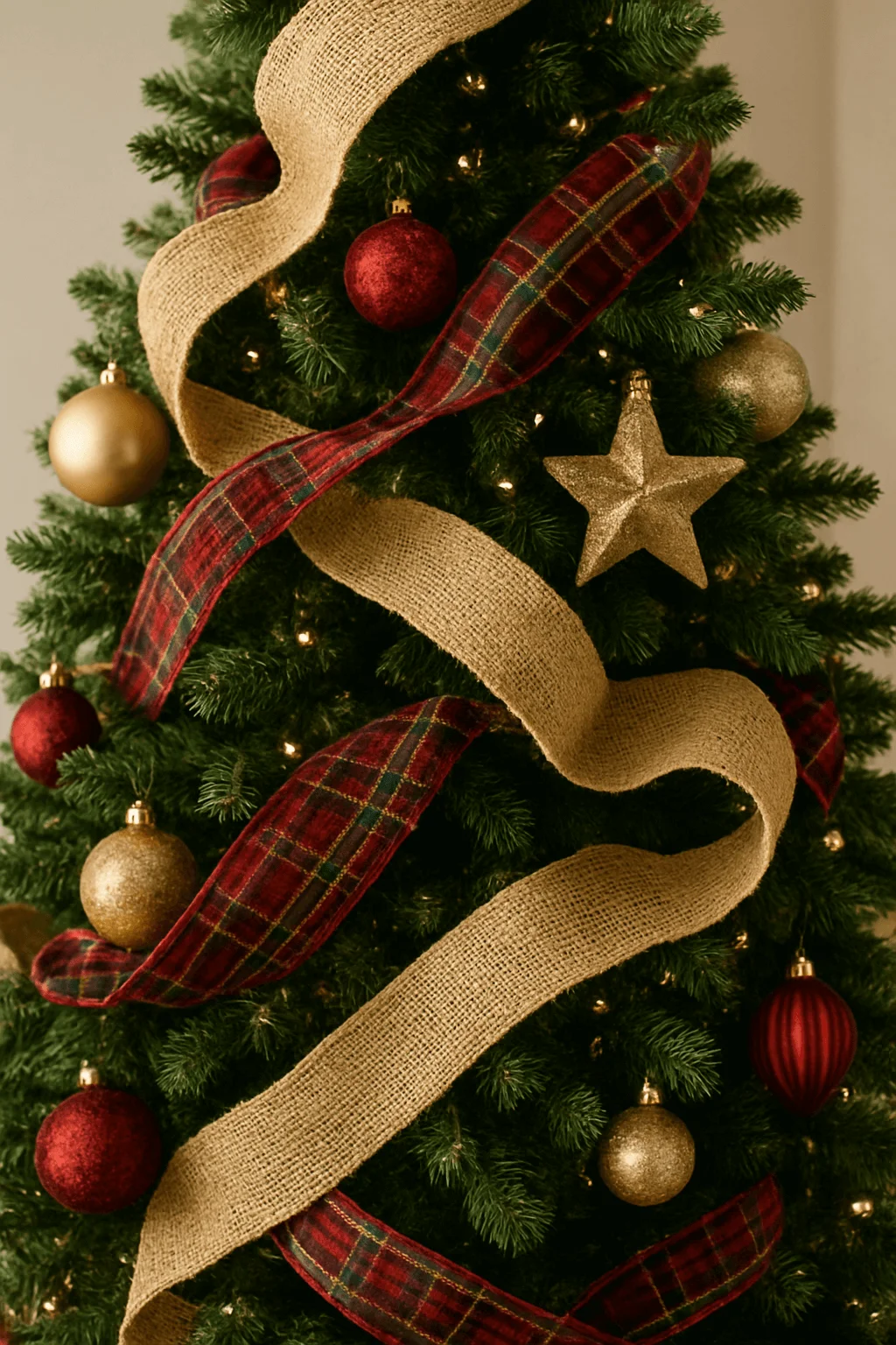 Christmas tree decorated with burlap ribbon, plaid garland, red and gold ornaments, and glittering star