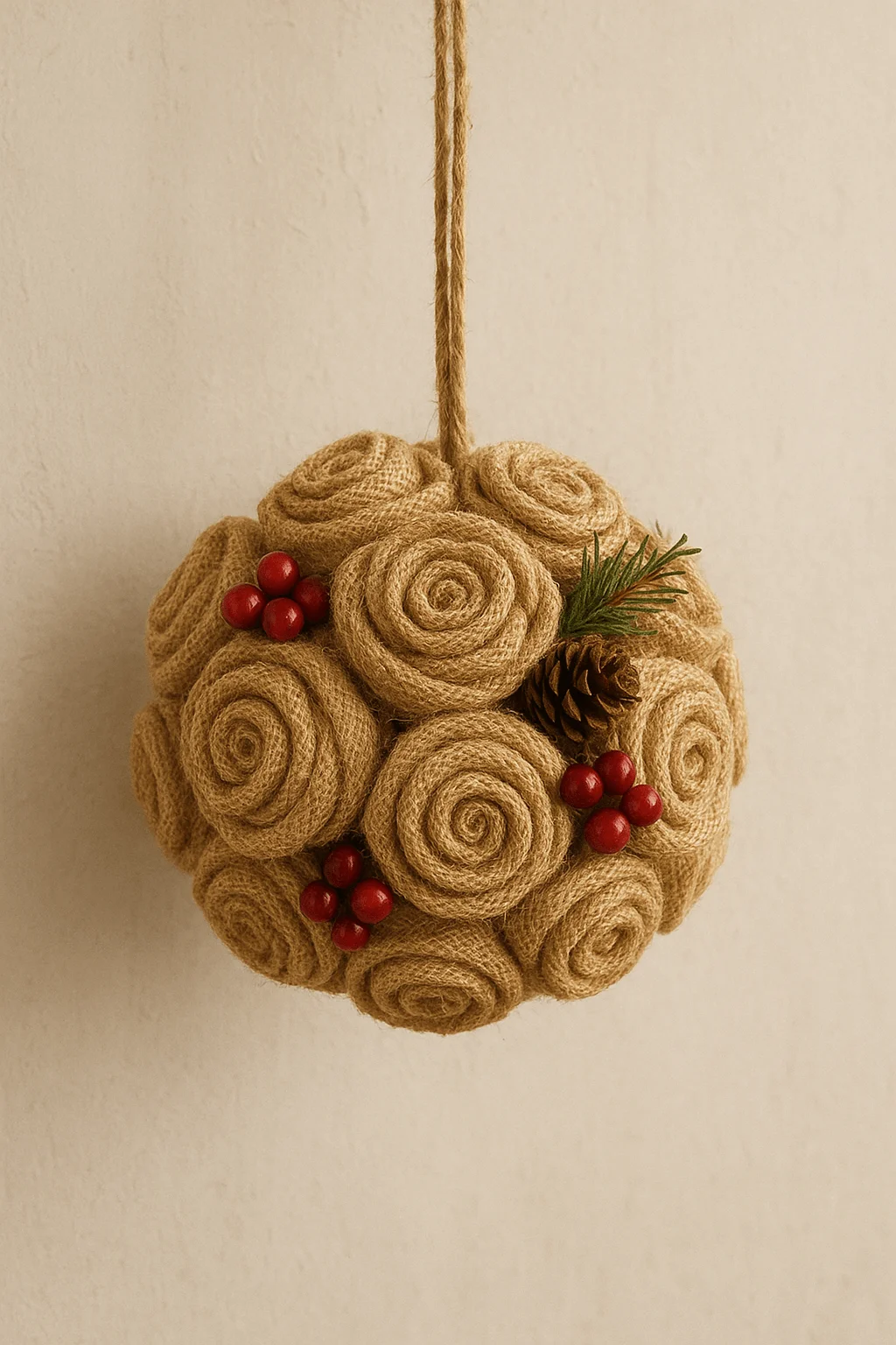 "Rustic burlap Christmas kissing ball decorated with rosette shapes, red berries, pinecone, and greenery