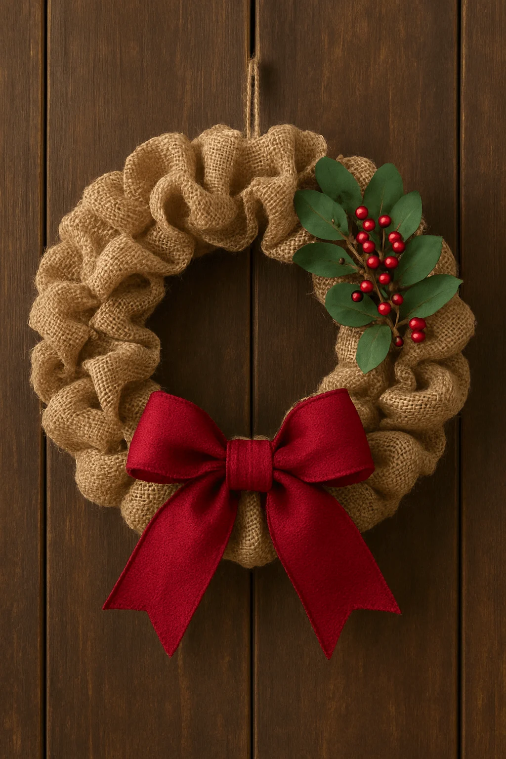 Rustic burlap Christmas wreath with ruffled texture, red bow, green leaves, and berry accents on wooden door