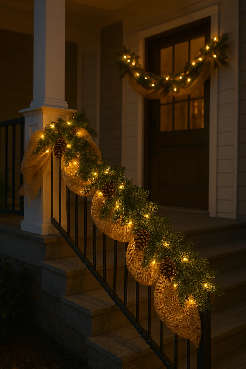 Front porch decorated with burlap garland, pinecones, evergreens, and warm Christmas lights draped along staircase railing and doorway