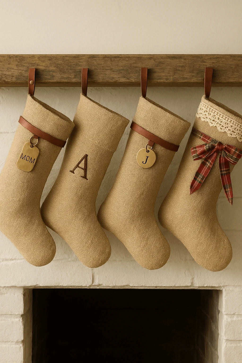 Rustic burlap Christmas stockings with personalized tags, lace, and plaid bow hanging on a mantel