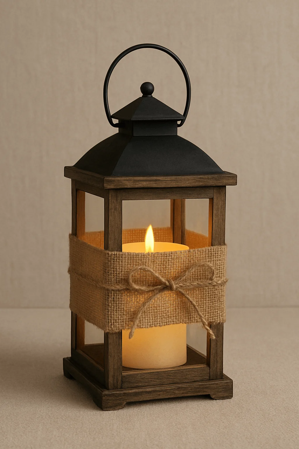 Rustic lantern candle holder wrapped with burlap and twine bow for cozy farmhouse Christmas decor