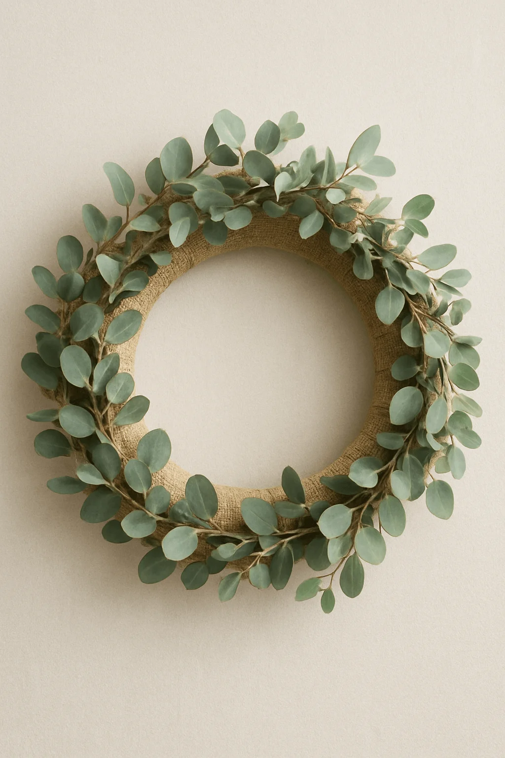 Minimalist burlap wreath decorated with eucalyptus leaves for rustic Christmas decor