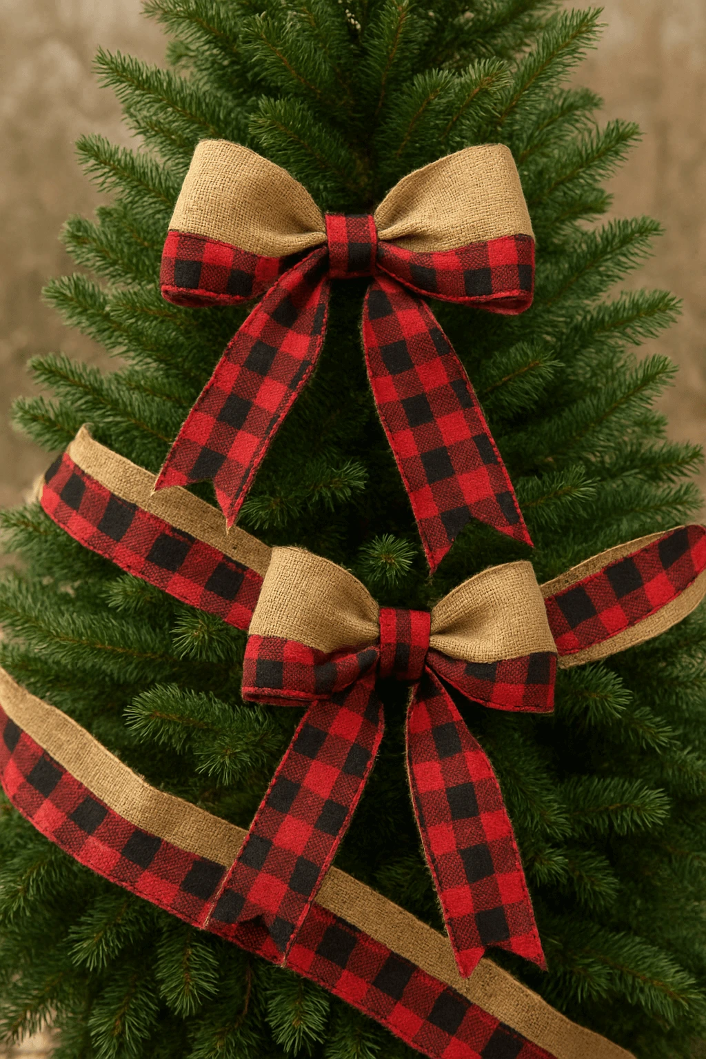 Christmas tree decorated with burlap and red-and-black plaid ribbon bows, with matching ribbon garland wrapped around the branches