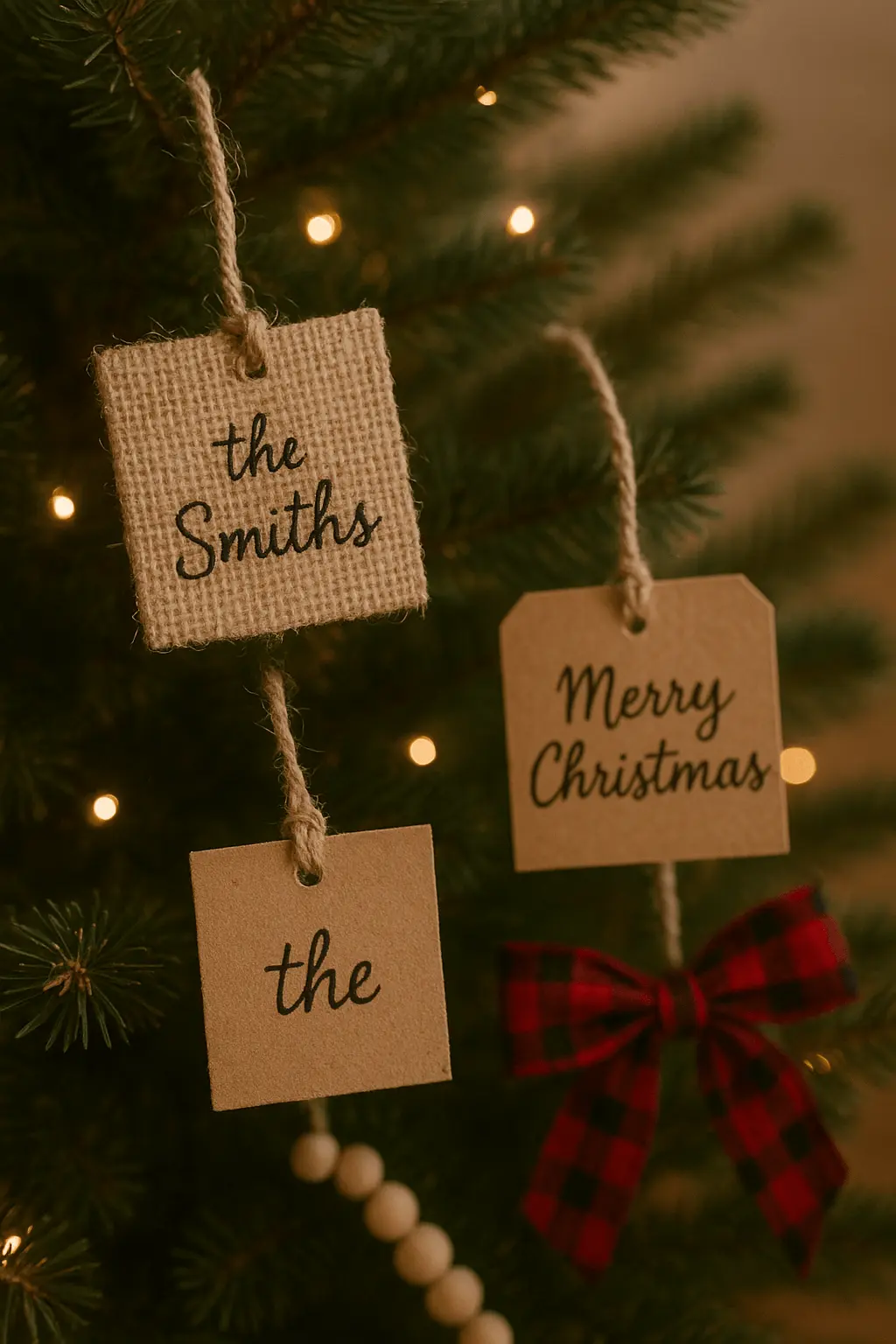 "Rustic burlap and kraft paper Christmas tree ornaments with handwritten messages and plaid ribbon bow.