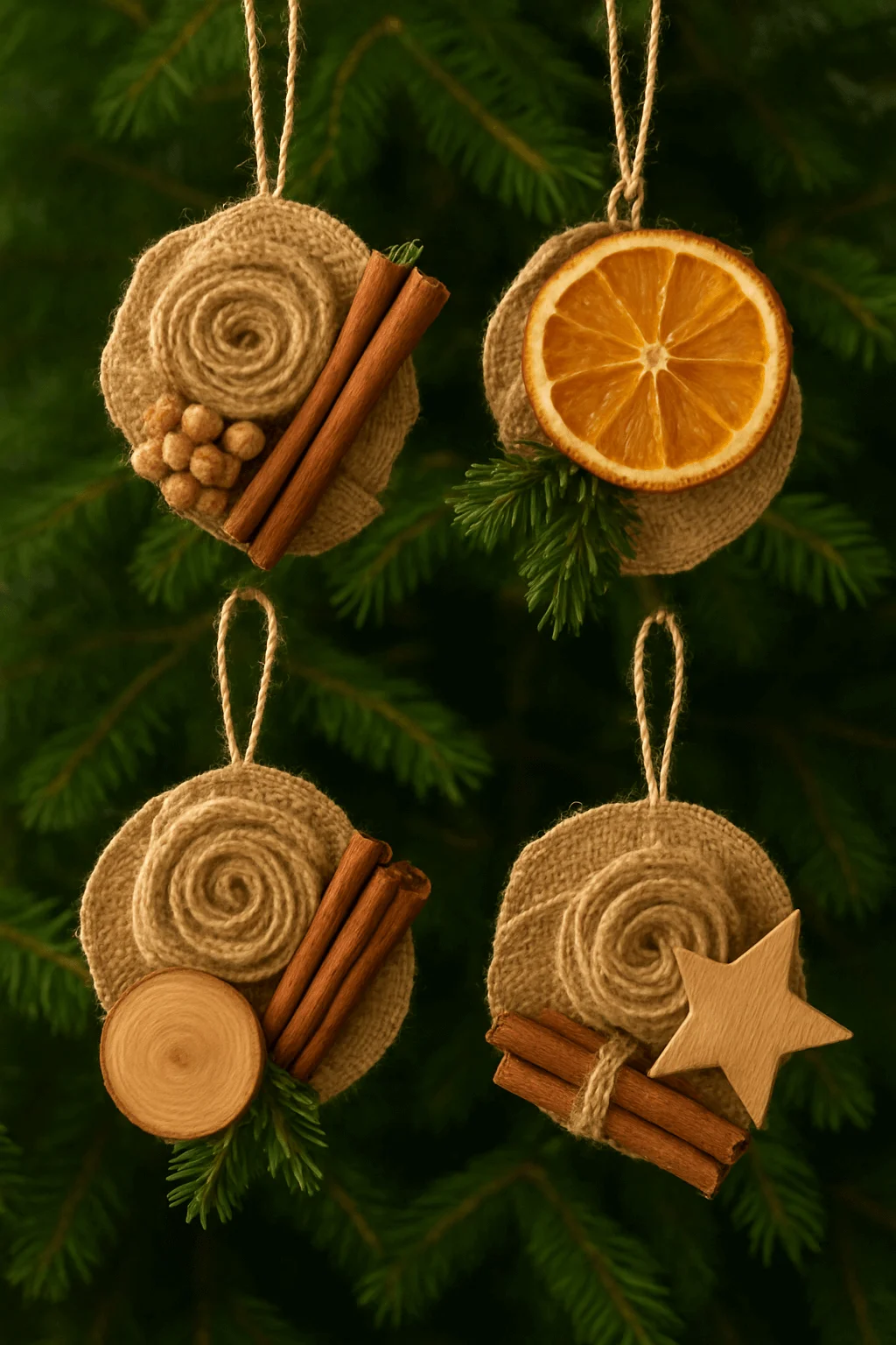 Handmade burlap and wood Christmas ornaments decorated with cinnamon sticks, dried orange slices, and rustic stars hanging on a tree