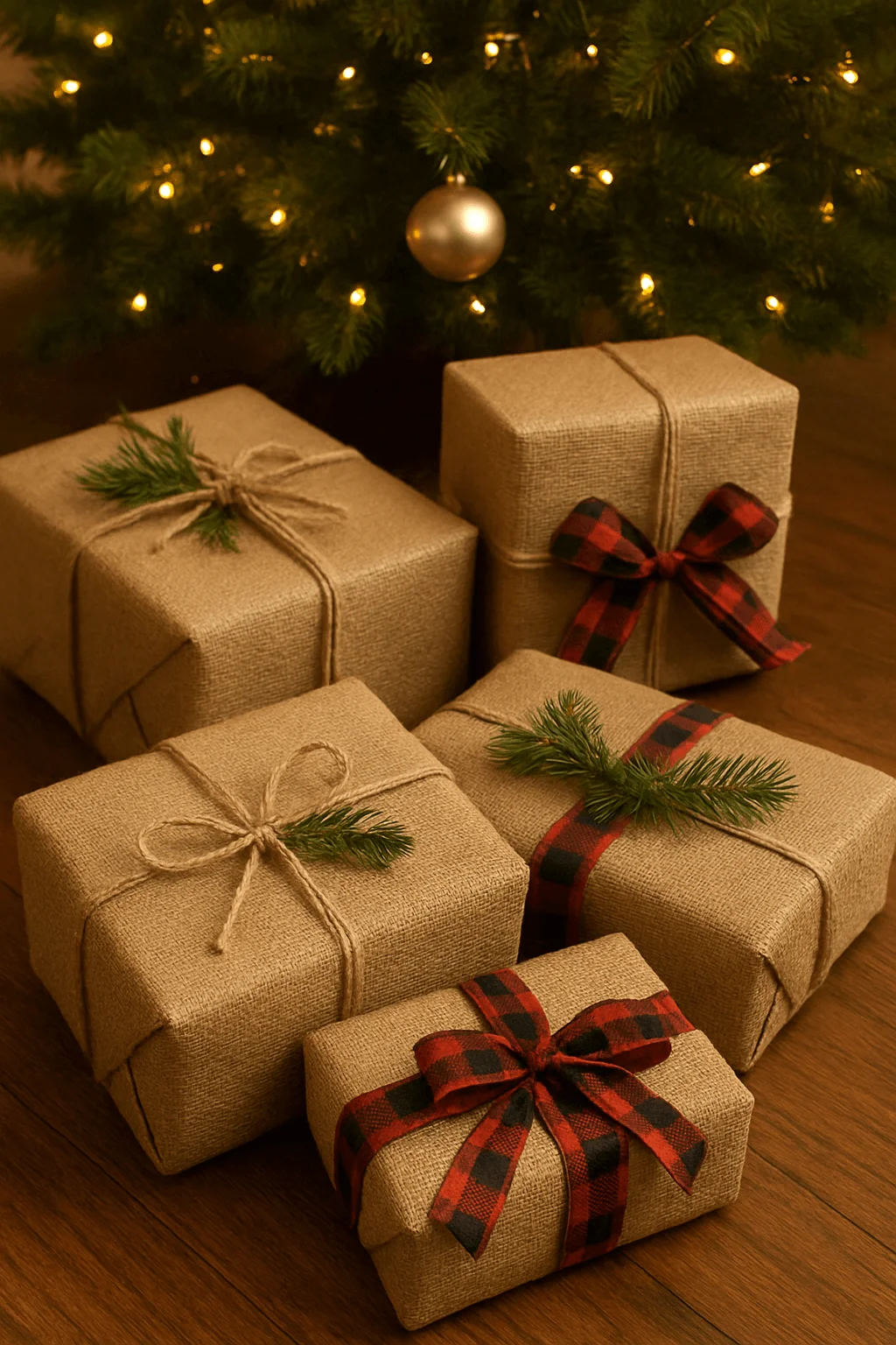 "Christmas presents wrapped in burlap with twine, buffalo plaid ribbons, and evergreen sprigs under a decorated holiday tree with lights