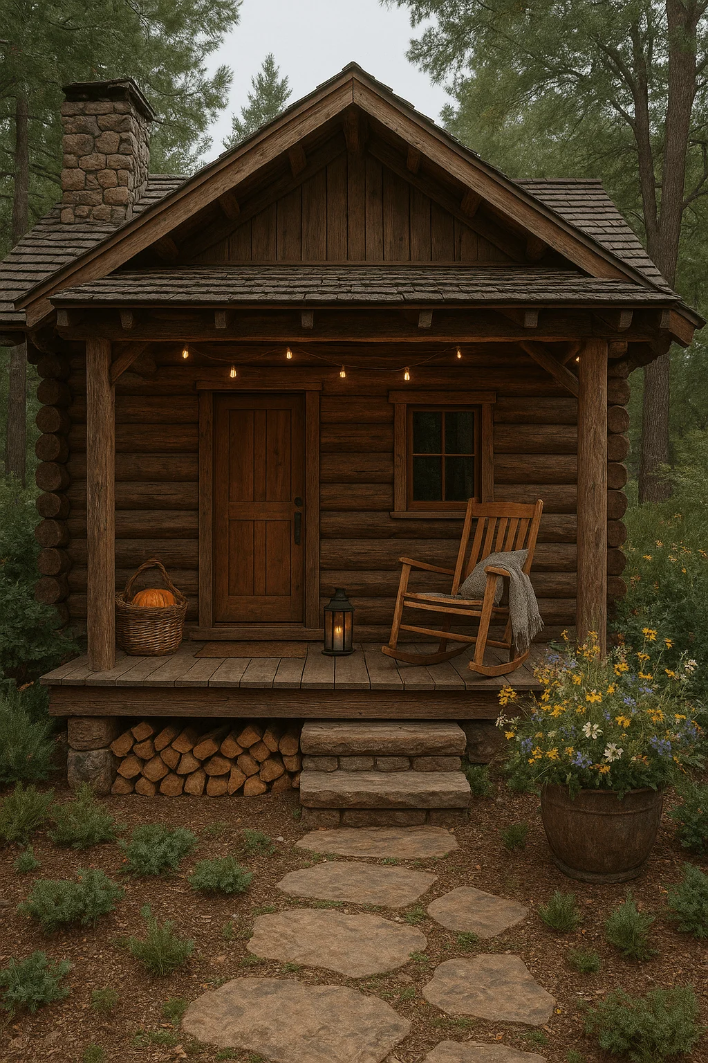Rustic cabincore styling with cozy log cabin porch, rocking chair, lantern, string lights, and natural stone path surrounded by wildflowers