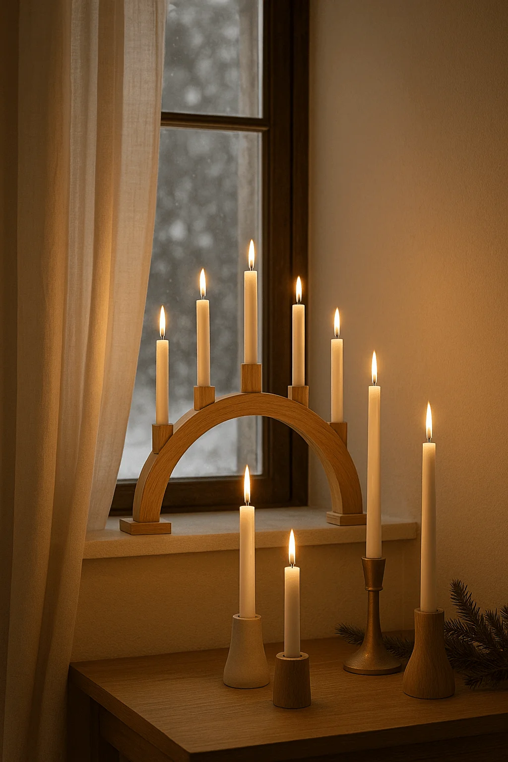 Scandinavian Christmas window with wooden candle bridge and tapered candle groupings creating a warm and cozy holiday glow