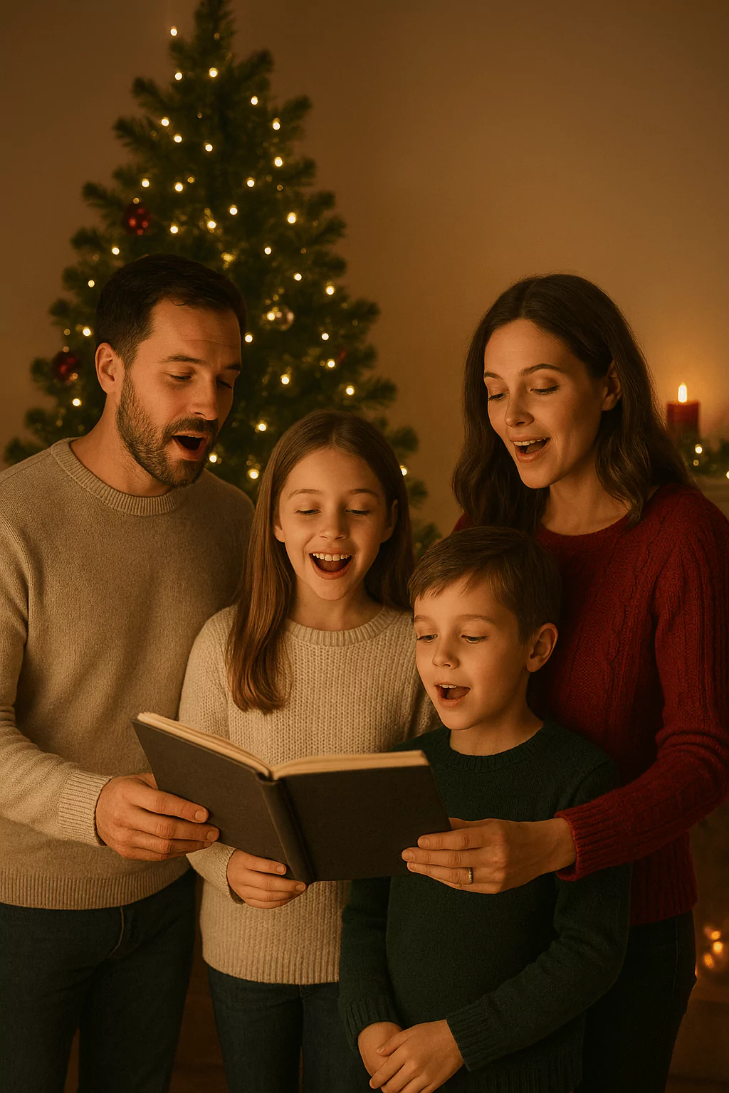 Family singing Christmas carols together at home beside a decorated tree with warm holiday lights