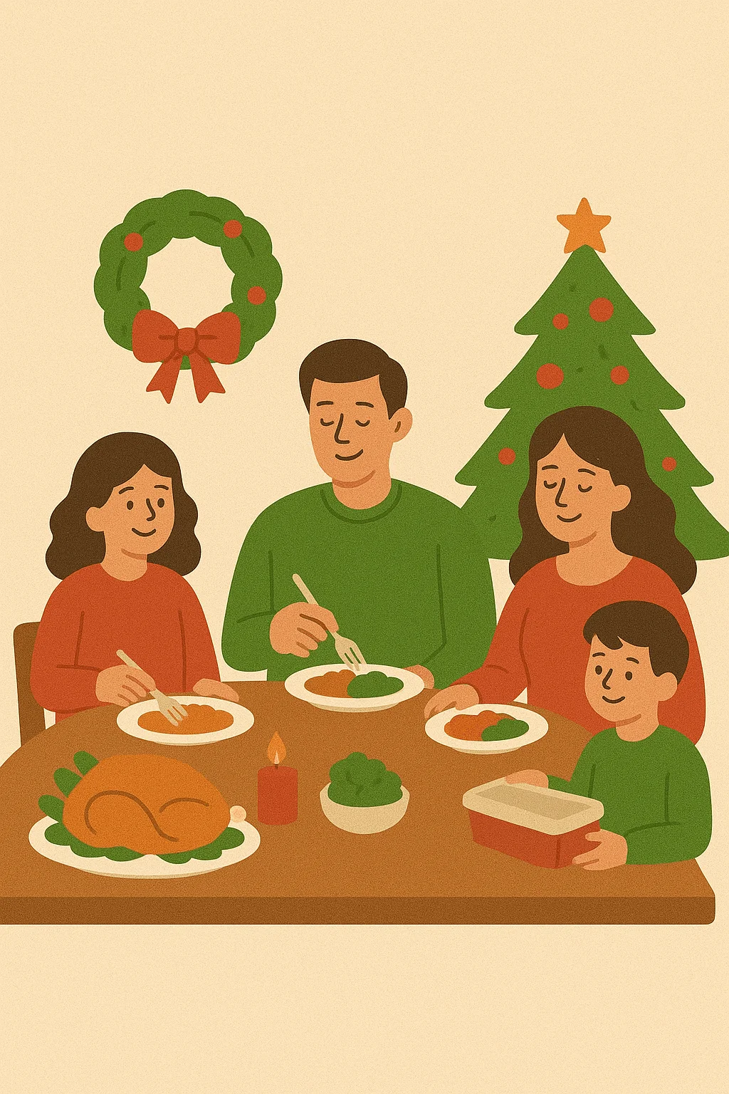 Illustration of a family enjoying a Christmas meal together with decorated tree and wreath, promoting mindful eating and reducing holiday food waste