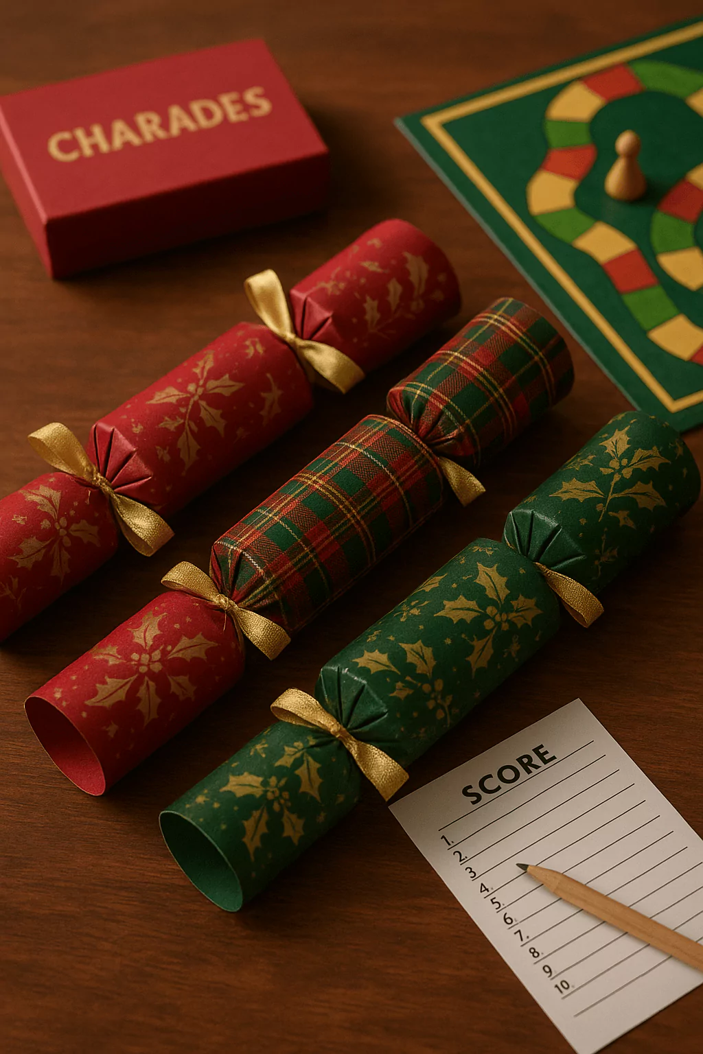 Christmas crackers and festive party games on a wooden table with scorecard and board game.
