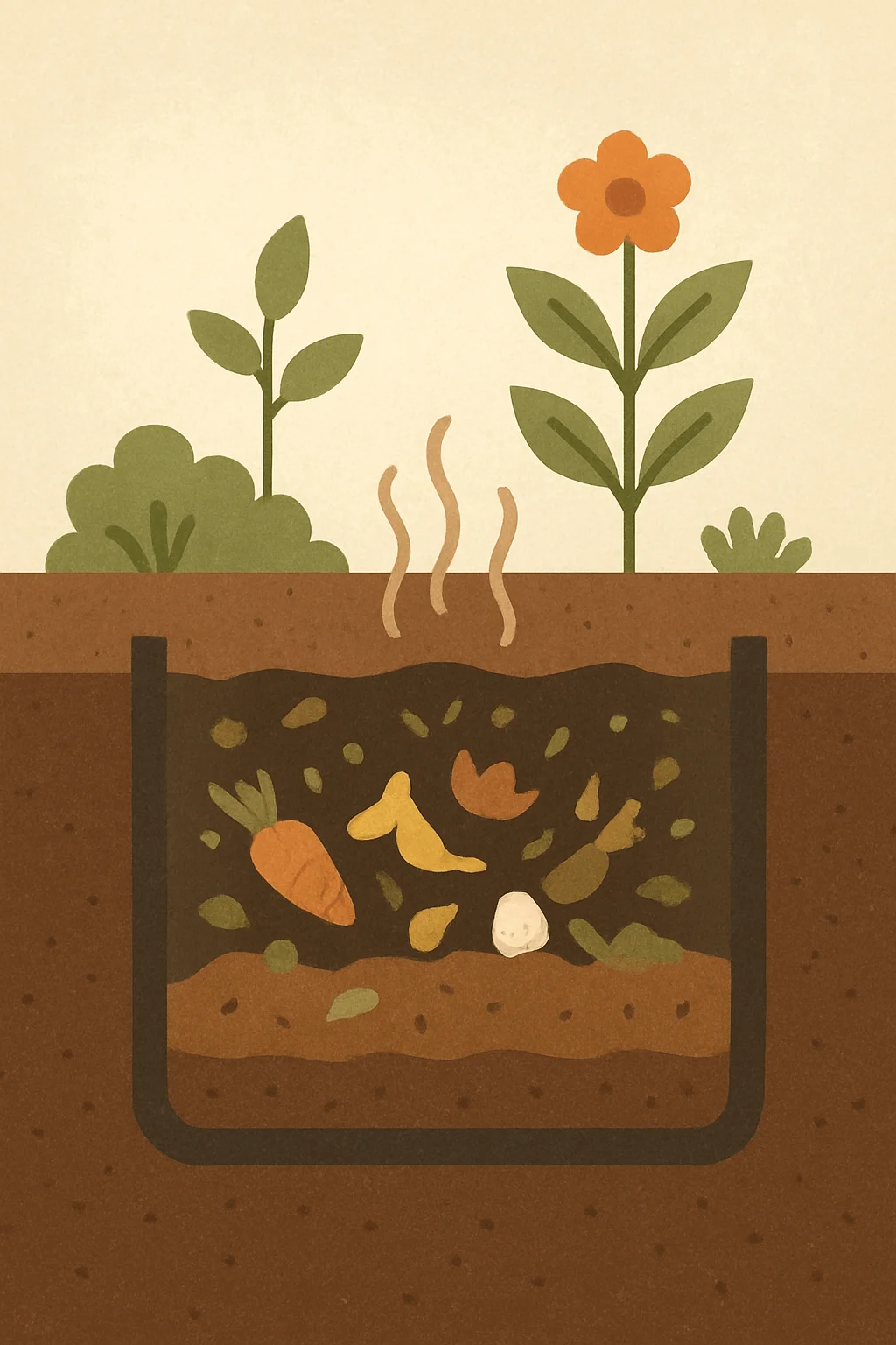 Illustration of composting as a natural process, with food scraps decomposing underground and enriching soil to help plants and flowers grow.