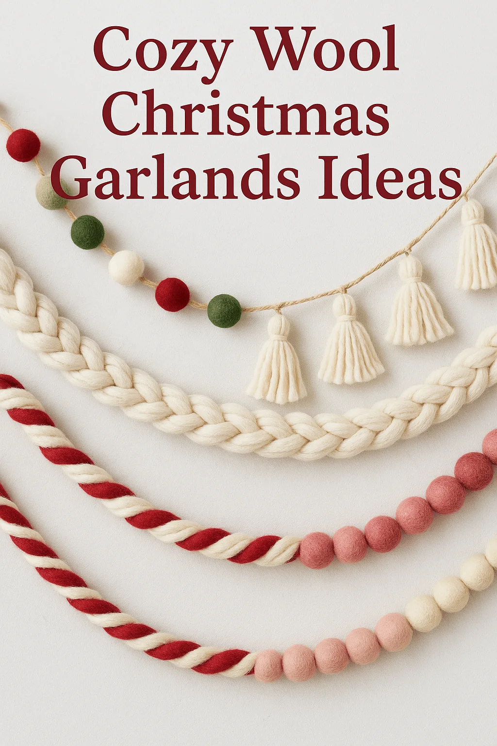Cozy wool Christmas garlands in festive designs including braided, twisted, pom-pom, and tassel styles, perfect for holiday decorating ideas
