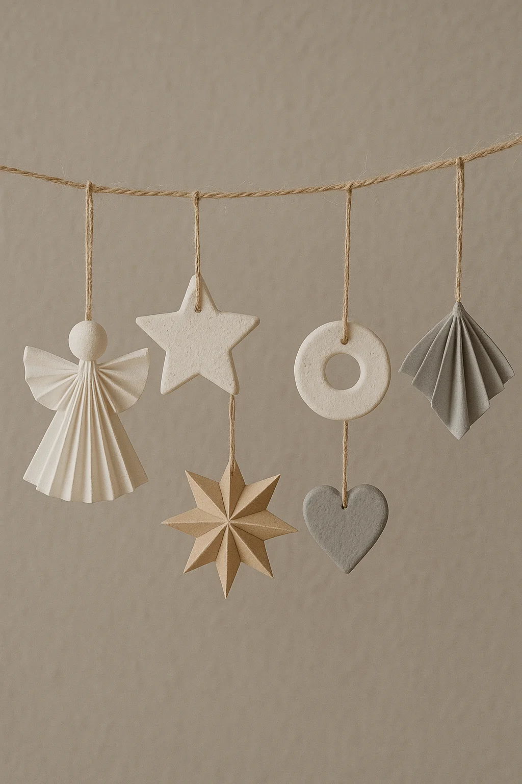 "DIY Scandinavian Christmas ornaments made from paper and clay in angel, star, heart, and geometric shapes hanging on twine
