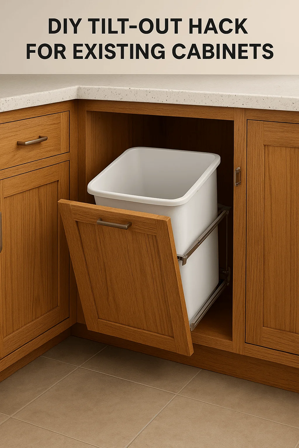 DIY tilt-out cabinet hack with hidden trash bin inside existing kitchen cabinetry