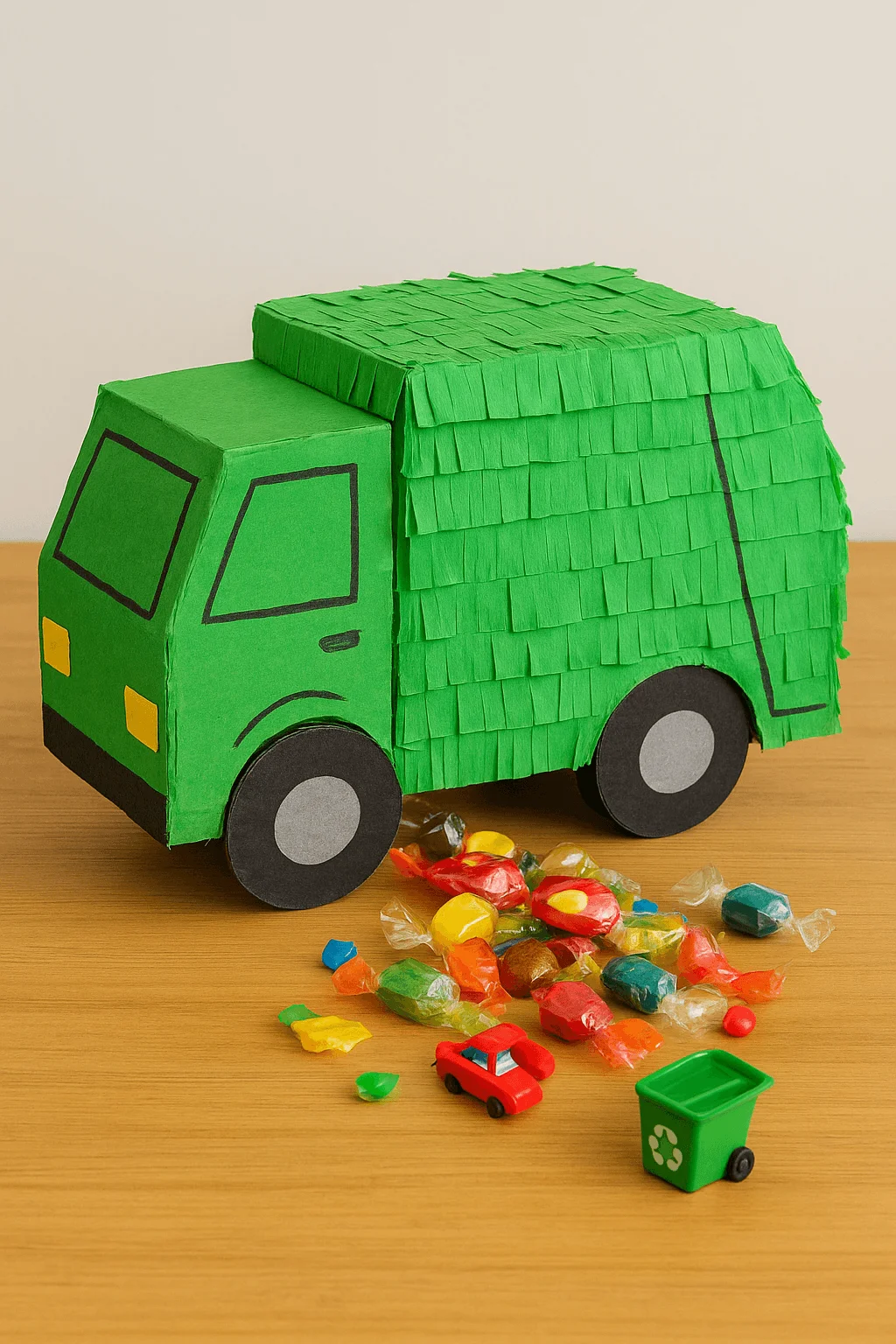 DIY trash truck piñata for kids’ birthday party with green paper design, spilling candy and small toys